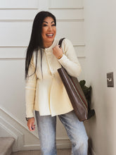 Load image into Gallery viewer, WINTER WHITE PEPLUM CARDIGAN SWEATER