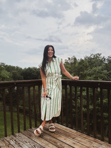 CHARMED TO MEET YOU STRIPED MIDI DRESS