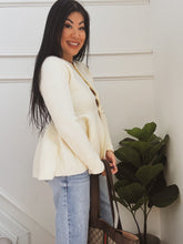 Load image into Gallery viewer, WINTER WHITE PEPLUM CARDIGAN SWEATER
