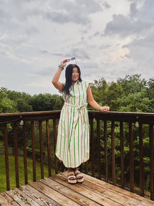 CHARMED TO MEET YOU STRIPED MIDI DRESS