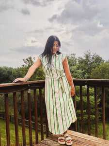 CHARMED TO MEET YOU STRIPED MIDI DRESS
