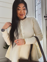Load image into Gallery viewer, WINTER WHITE PEPLUM CARDIGAN SWEATER