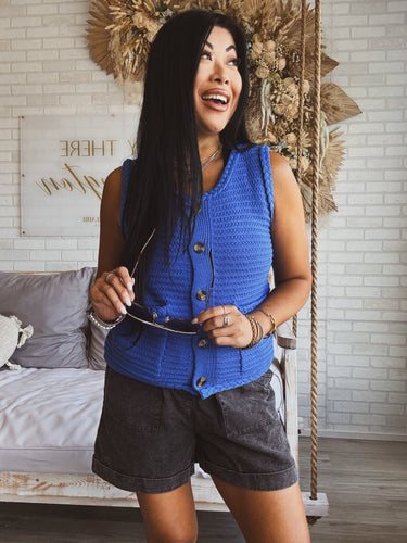CAPRI BLUE BRAIDED SLEEVELESS SWEATER