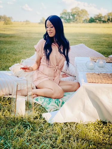 CHAMPAGNE AND PEONIES FRONT TIE ROMPER